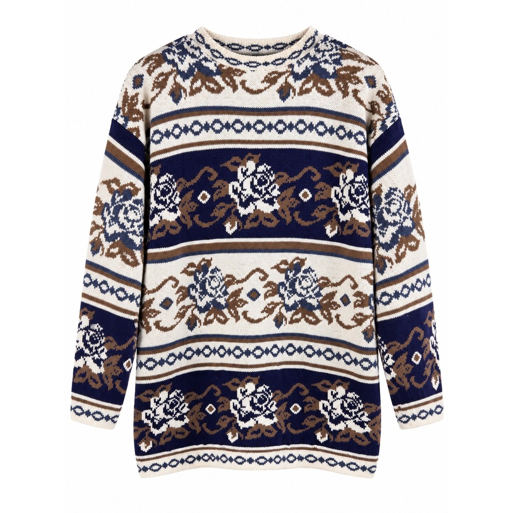 Dana Scott Fair Isle Sweater Navy Brown Cream Floral Heritage Old Money size L